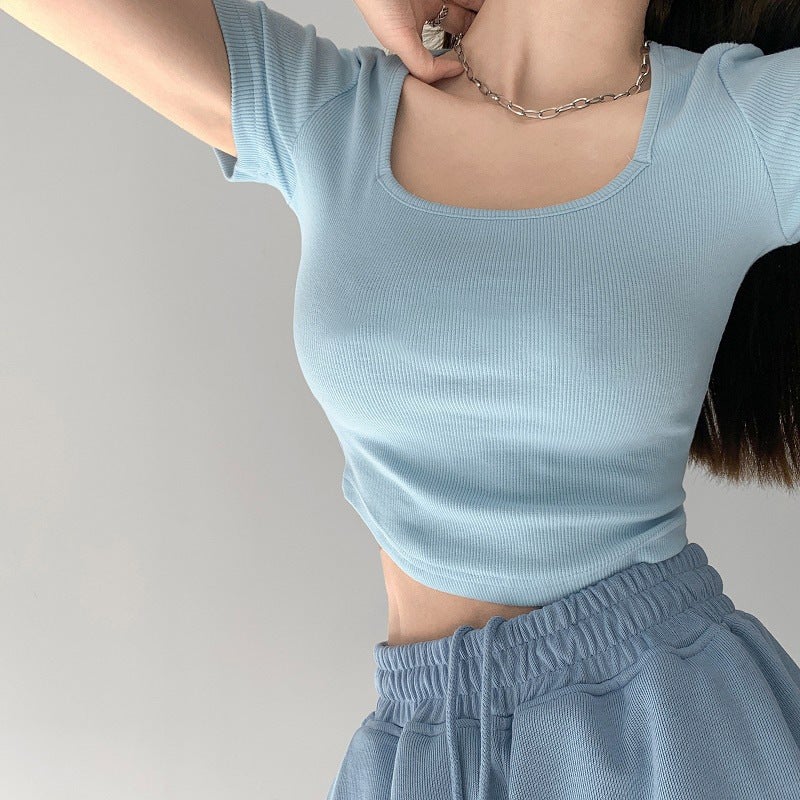 American Vintage Embroidered Letter Slimming Base Layer Top Square Collar Cropped Short Sleeve T-shirt High-waisted Top 845-Blue  - Image 1
