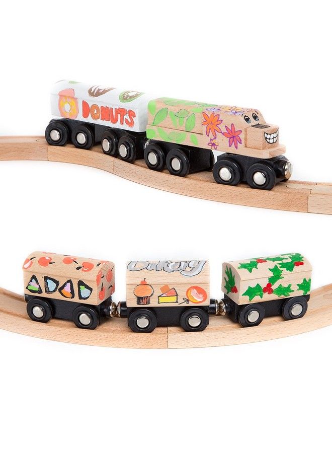 Orbrium 8 عربات قطار غير مطلية مع مجموعة من 12 لون من الطلاء وفرش الطلاء للسكك الحديدية الخشبية المتوافقة مع توماس، تشاجينغتون، بريو، رائعة لموضوع حفلة عيد الميلاد للقطار - Image 3