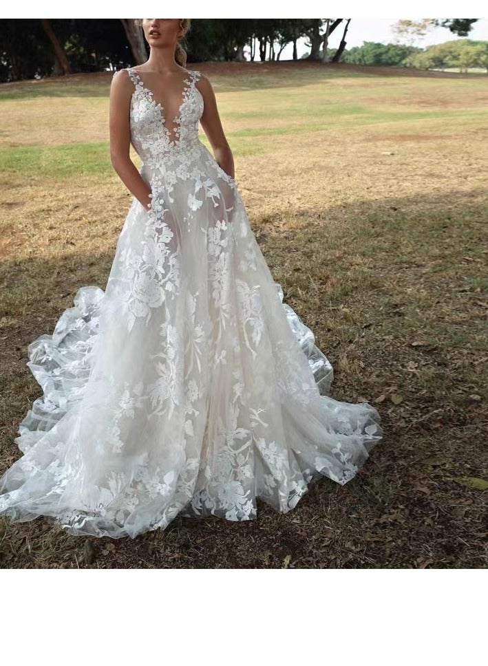NIBEMINENT Women Clothes A-Line White Lace Bride Wedding Dress  V-Neck  Strap Bridesmaid Dress Evening Party Long Dresses  - Image 1