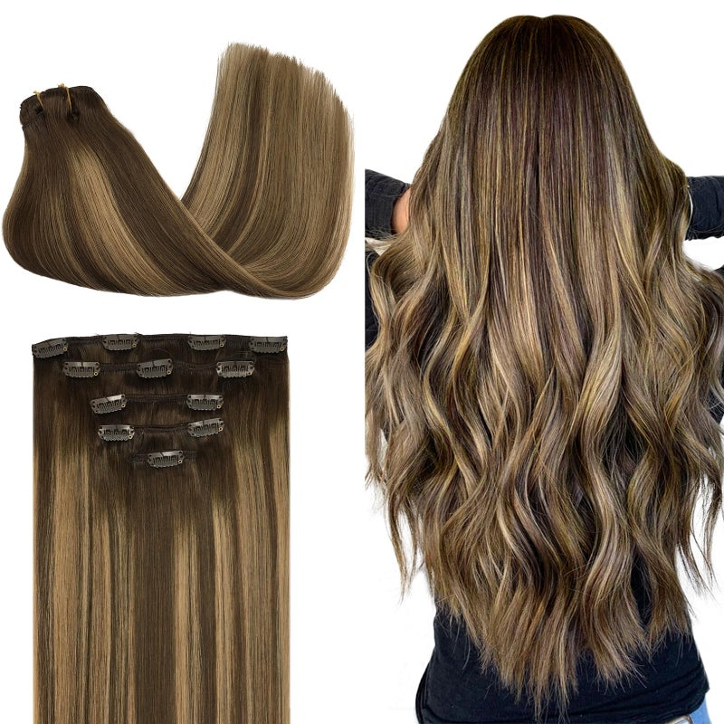 DOORES Hair Extensions Clip in Human Hair, 5pcs 80g Balayage Chocolate Brown to Caramel Blonde 18 Inch Clip in Hair Extensions Natural Straight - Image 1