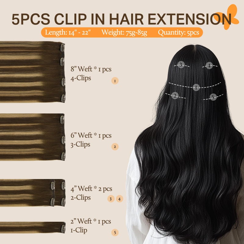 DOORES Hair Extensions Clip in Human Hair, 5pcs 80g Balayage Chocolate Brown to Caramel Blonde 18 Inch Clip in Hair Extensions Natural Straight - Image 2