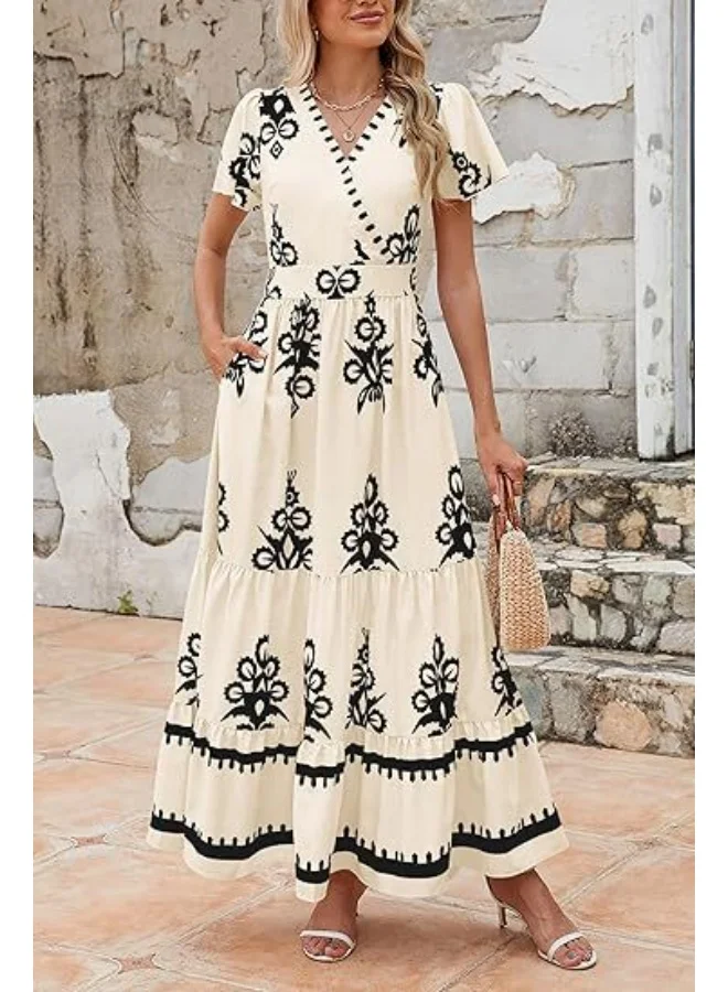 Off White Wrap Neck Contrast Coloured Printed Dress