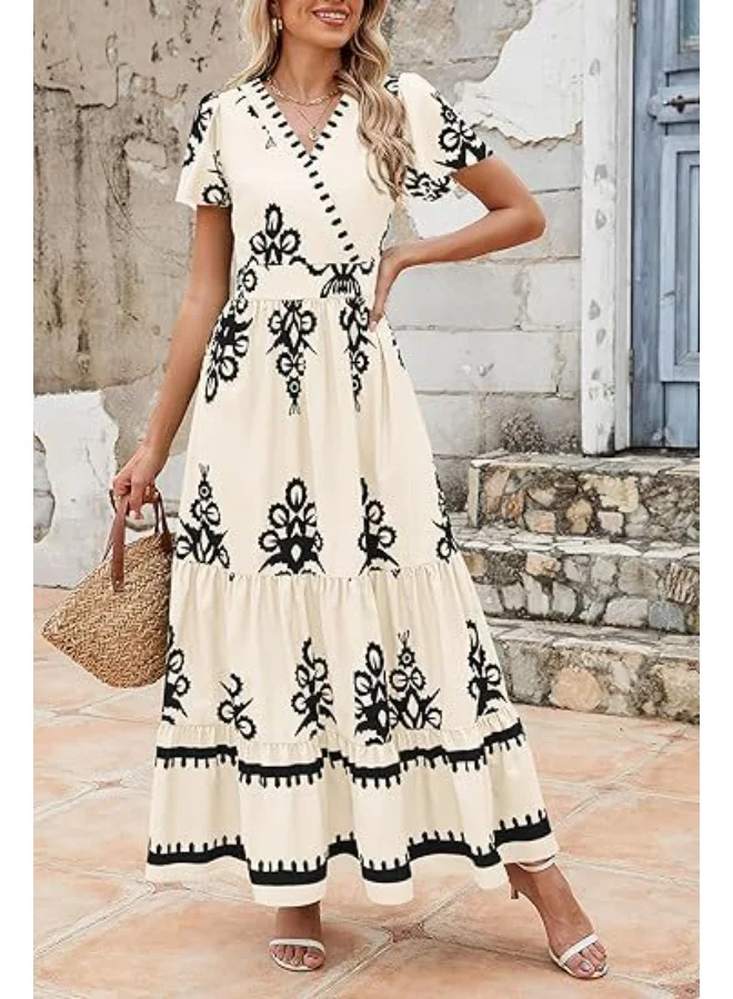 Outzidr  Off White Wrap Neck Contrast Coloured Printed Dress for Women | Best Price UAE