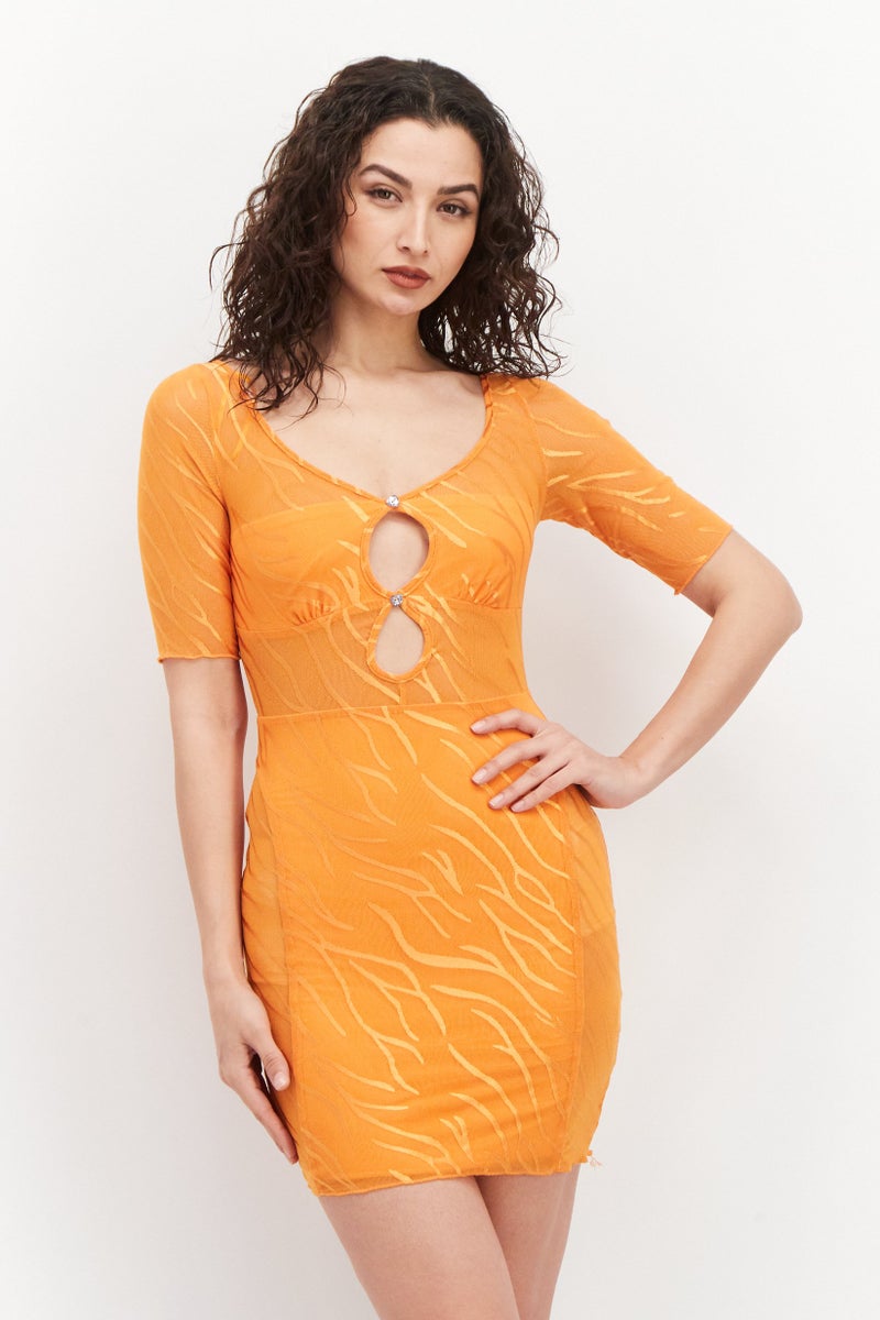 Ei8th Hour Women U Neck Short Sleeve Mini Dress, Orange - Image 1