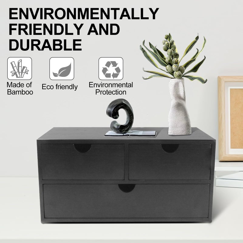Charmewooden Bamboo Desk Organizer with 3 Drawers, Countertop Organizer with Drawers Makeup Storage Drawer 3 Drawer Tabletop Storage Organization Box Home Office Workspaceï¼ˆBlackï¼‰ - Image 5
