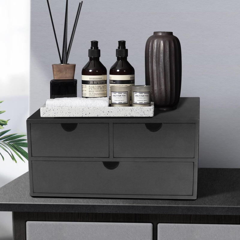 Charmewooden Bamboo Desk Organizer with 3 Drawers, Countertop Organizer with Drawers Makeup Storage Drawer 3 Drawer Tabletop Storage Organization Box Home Office Workspaceï¼ˆBlackï¼‰ - Image 3