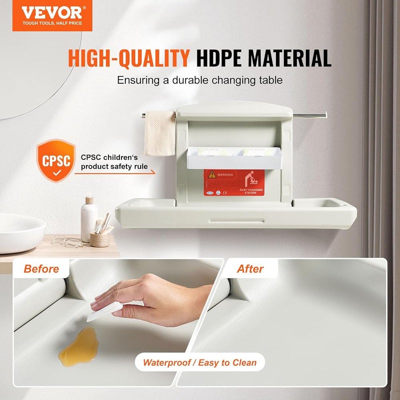VEVOR Wall-Mounted Baby Changing Station, Horizontal Foldable Diaper Change Table with Safety Straps and Hanging Rods, Use in Commercial Bathrooms, Daycare Centers for Newborns & Infant - Image 2