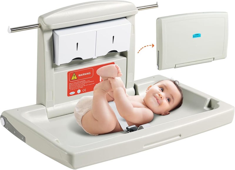 VEVOR Wall-Mounted Baby Changing Station, Horizontal Foldable Diaper Change Table with Safety Straps and Hanging Rods, Use in Commercial Bathrooms, Daycare Centers for Newborns & Infant - Image 1
