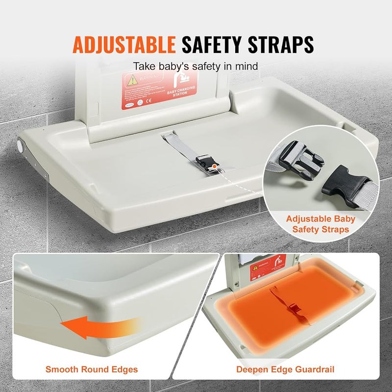 VEVOR Wall-Mounted Baby Changing Station, Horizontal Foldable Diaper Change Table with Safety Straps and Hanging Rods, Use in Commercial Bathrooms, Daycare Centers for Newborns & Infant - Image 4
