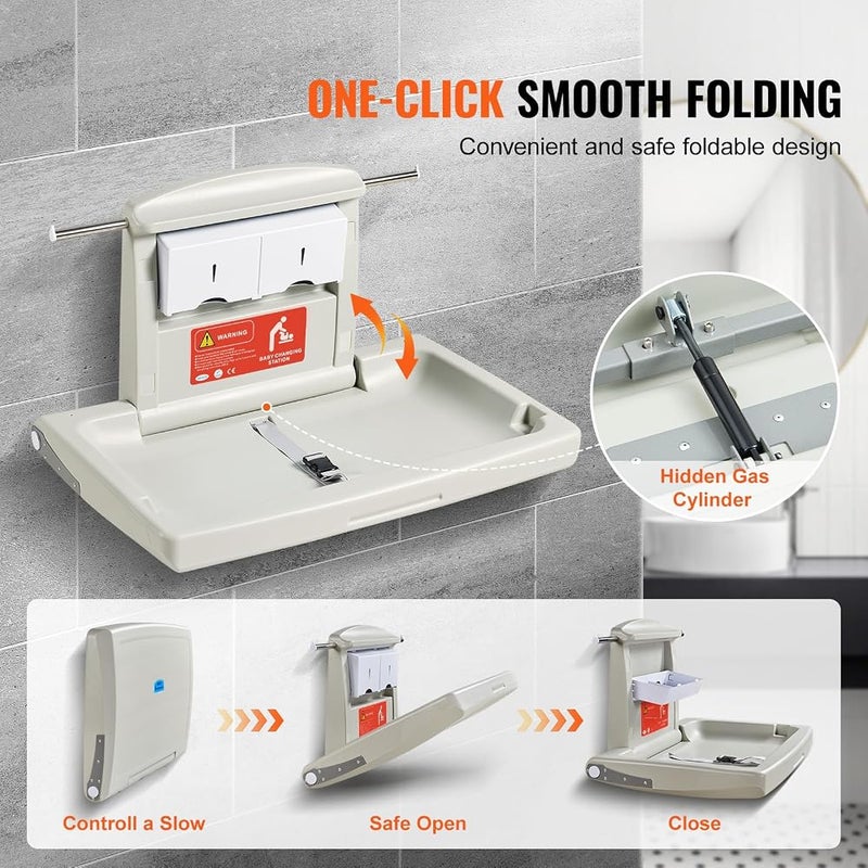 VEVOR Wall-Mounted Baby Changing Station, Horizontal Foldable Diaper Change Table with Safety Straps and Hanging Rods, Use in Commercial Bathrooms, Daycare Centers for Newborns & Infant - Image 3
