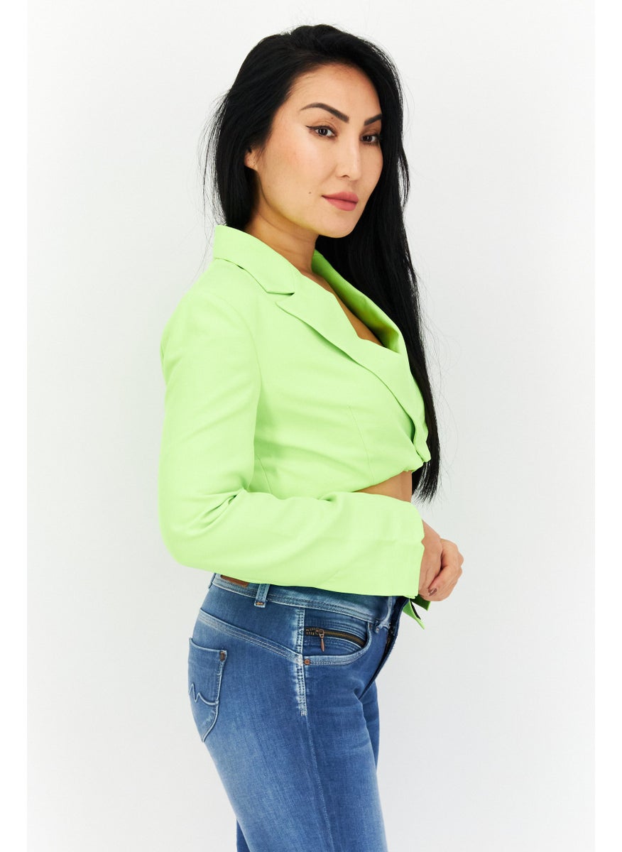TOPSHOP Women Regular Fit Solid Casual Crop Blazer, Neon Green  - Image 4
