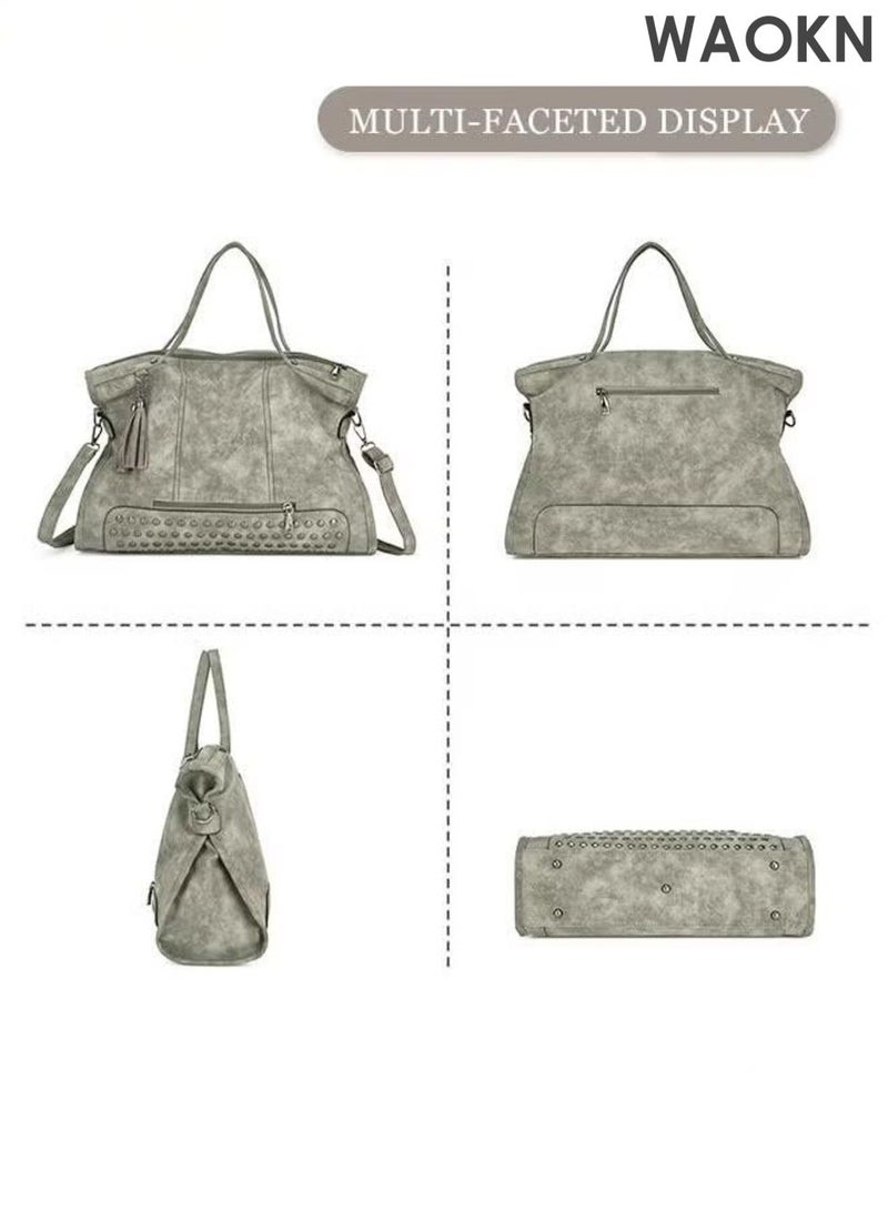 دبليو أيه أو كي أن حقيبة يد نسائية بتصميم كلاسيكي، حقيبة كتف غير لامعة، حقيبة محمولة كبيرة السعة من جلد البولي يوريثان، حقيبة أنيقة للسيدات، حقيبة يد مزينة بالمسامير والشراشيب، حقيبة كتف، مناسبة للعمل والتسوق، للجنسين، لون رمادي. - Image 3