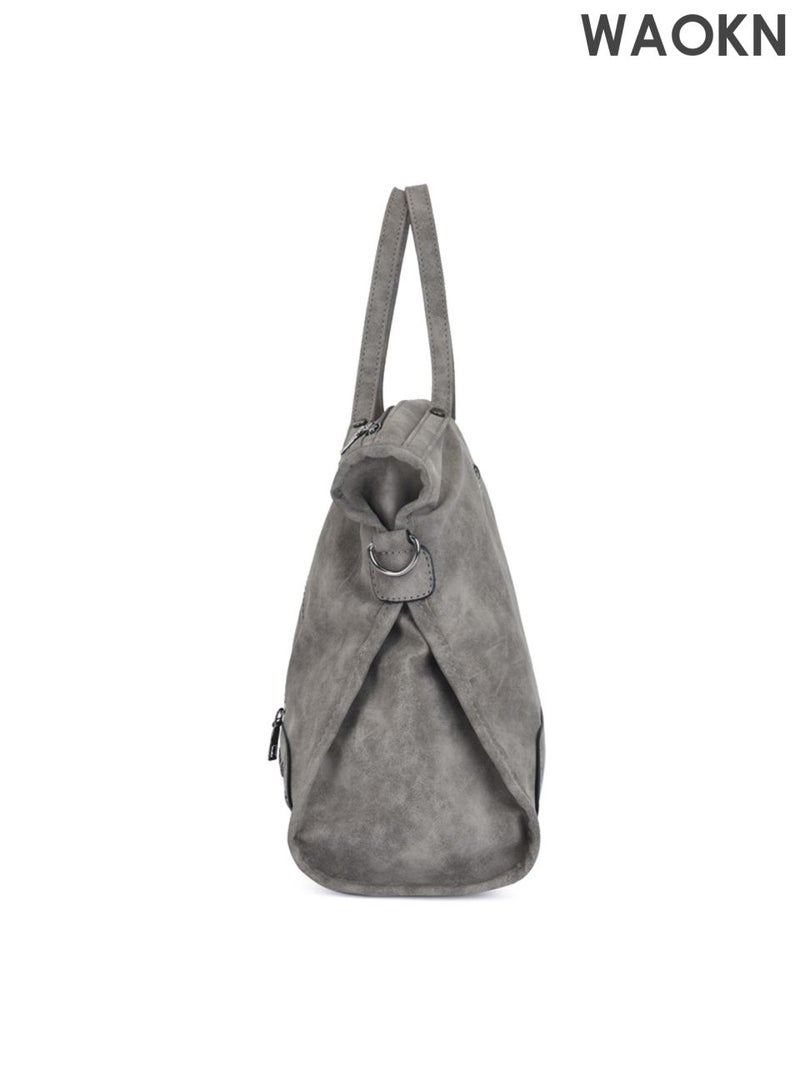 دبليو أيه أو كي أن حقيبة يد نسائية بتصميم كلاسيكي، حقيبة كتف غير لامعة، حقيبة محمولة كبيرة السعة من جلد البولي يوريثان، حقيبة أنيقة للسيدات، حقيبة يد مزينة بالمسامير والشراشيب، حقيبة كتف، مناسبة للعمل والتسوق، للجنسين، لون رمادي. - Image 5