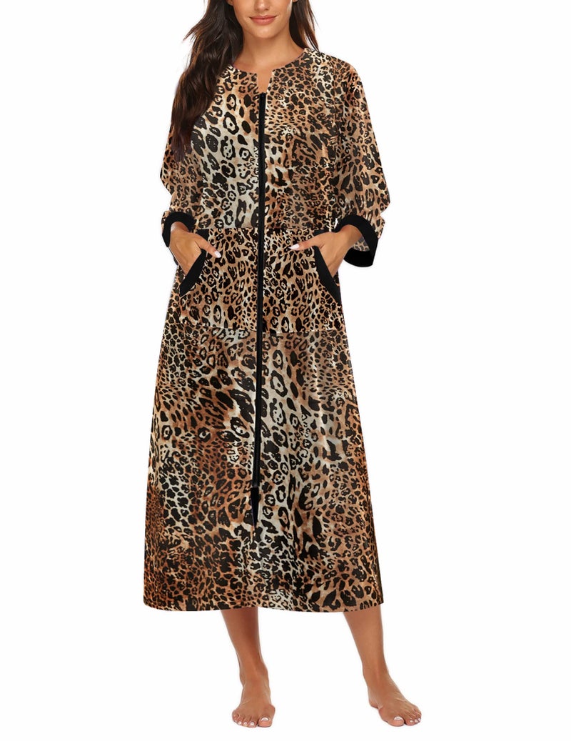 Ekouaer Robes for Women Velour Zipper Robe 3/4 Sleeves Housecoat Full Length Loungewear Long Bathrobe with Pockets - Image 1
