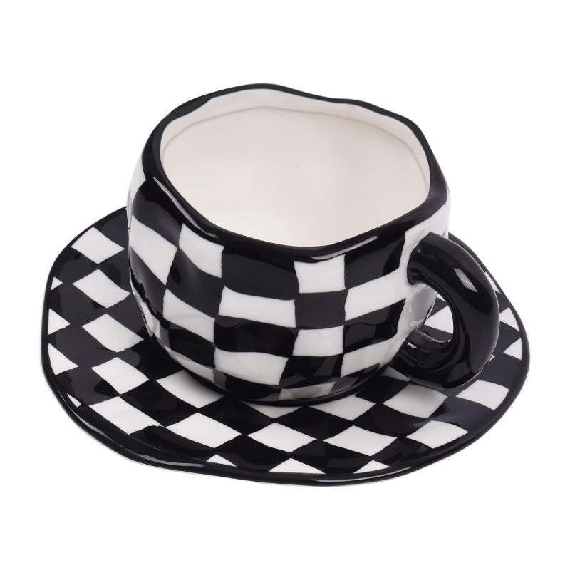 Koythin Ceramic Coffee Mug Novelty Black and White Plaid Cup with Saucer for Office and Home Dishwasher and Microwave Safe 10 oz300 ml for Latte Tea Milk Black and White Plaid