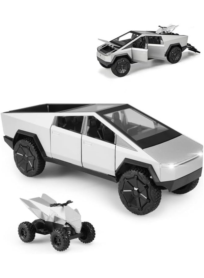 سمارتكس لعبة دراجة نارية من المعدن المصبوب Cybertruck بمقياس 1:24 مع دراجة نارية RV - نموذج بيك آب فضي داكن مع أضواء وصوت وآليات سحب للخلف وأبواب قابلة للفتح وباب خلفي، تتضمن مركبة رباعية الدفع - هدية مثالية للأطفال وهواة الجمع - Image 1