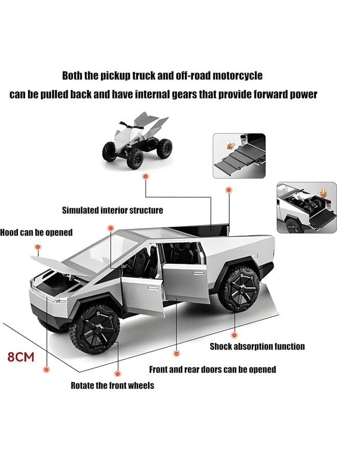 سمارتكس لعبة دراجة نارية من المعدن المصبوب Cybertruck بمقياس 1:24 مع دراجة نارية RV - نموذج بيك آب فضي داكن مع أضواء وصوت وآليات سحب للخلف وأبواب قابلة للفتح وباب خلفي، تتضمن مركبة رباعية الدفع - هدية مثالية للأطفال وهواة الجمع - Image 4