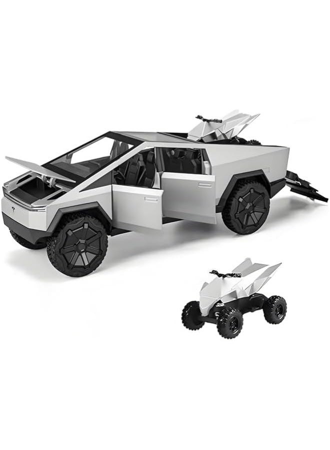 سمارتكس لعبة دراجة نارية من المعدن المصبوب Cybertruck بمقياس 1:24 مع دراجة نارية RV - نموذج بيك آب فضي داكن مع أضواء وصوت وآليات سحب للخلف وأبواب قابلة للفتح وباب خلفي، تتضمن مركبة رباعية الدفع - هدية مثالية للأطفال وهواة الجمع - Image 3