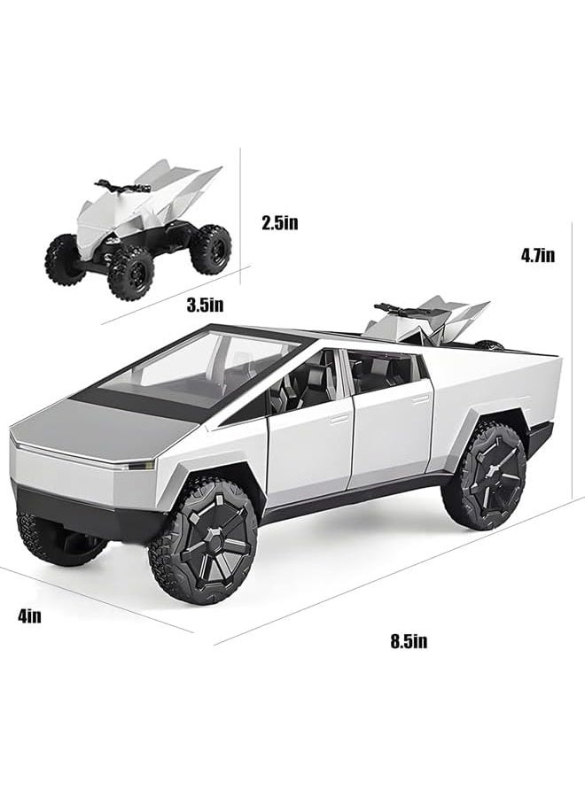 سمارتكس لعبة دراجة نارية من المعدن المصبوب Cybertruck بمقياس 1:24 مع دراجة نارية RV - نموذج بيك آب فضي داكن مع أضواء وصوت وآليات سحب للخلف وأبواب قابلة للفتح وباب خلفي، تتضمن مركبة رباعية الدفع - هدية مثالية للأطفال وهواة الجمع - Image 2