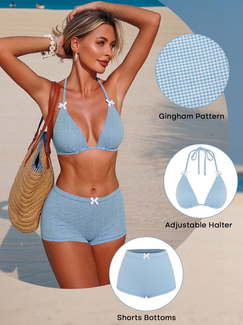 ZAFUL Blue Women's Gingham Bikini Shorts Sets Bow Halter Triangle Bikini Two Piece Bathing Suit Shorts Plaid Boyshort Swimsuits for Vacation M