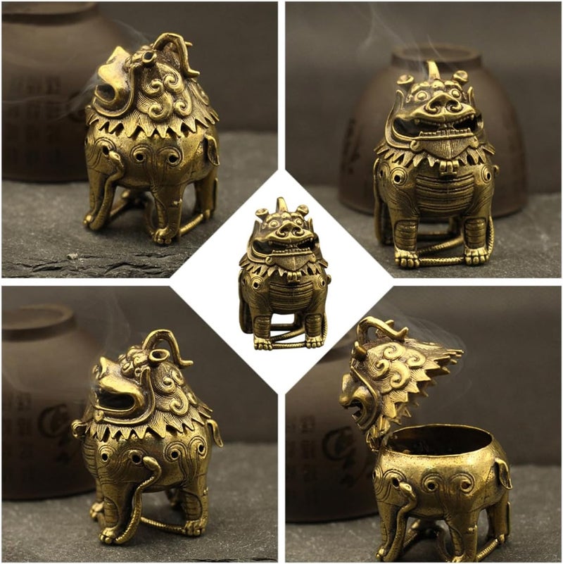 Vintage Copper Incense Burner with Auspicious Chinese Animal Design, Desktop Tabletop Incense Holder Ornament for Home Office Meditation and Aromatherapy Decor - Image 3