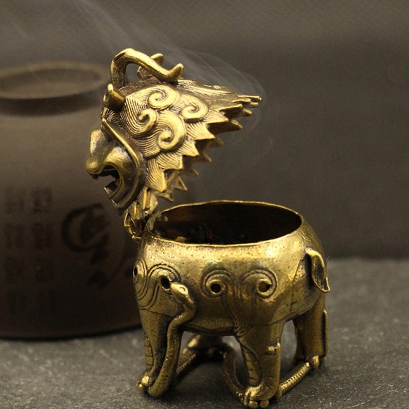 Vintage Copper Incense Burner with Auspicious Chinese Animal Design, Desktop Tabletop Incense Holder Ornament for Home Office Meditation and Aromatherapy Decor - Image 5