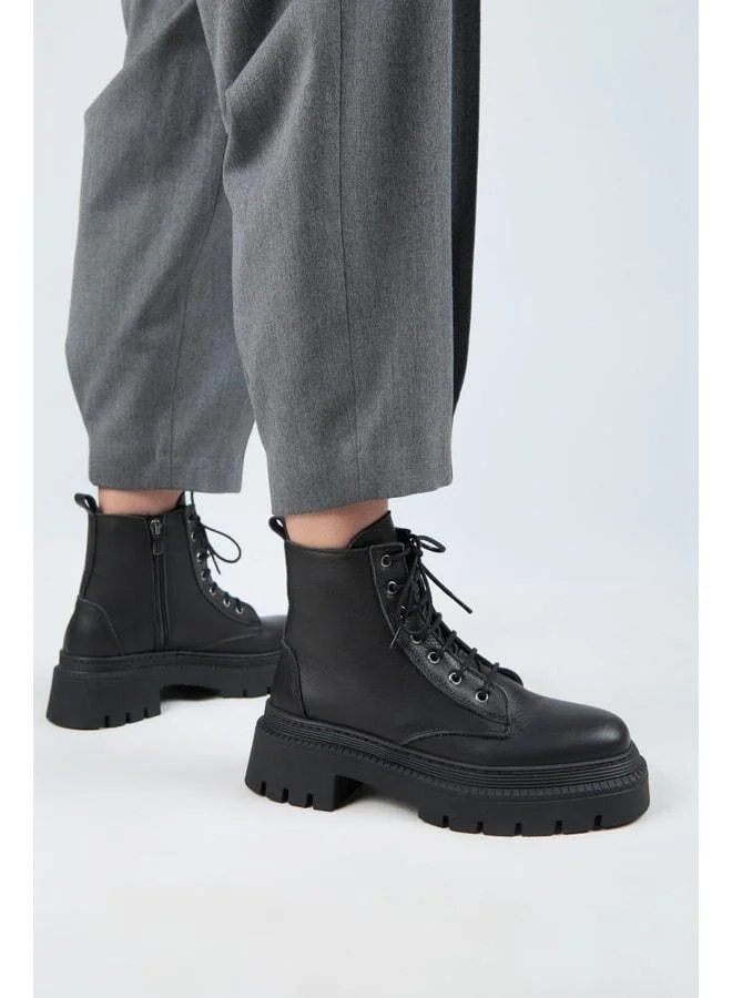 (Avjin) Women's Genuine Leather Laced Square Toe Black Boot.