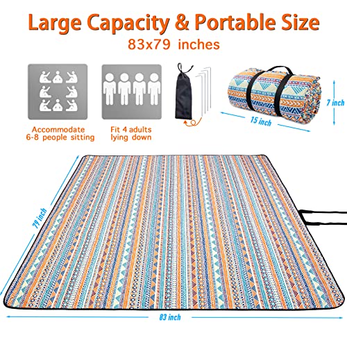 PY SUPER MODE Picnic Blankets Extra Large, Waterproof Foldable Outdoor Beach Blanket Oversized 83x79” Sandproof, 3-Layer Picnic Mat for Camping, Hiking, Travel, Park, Concerts(Orange Boho) - Image 3