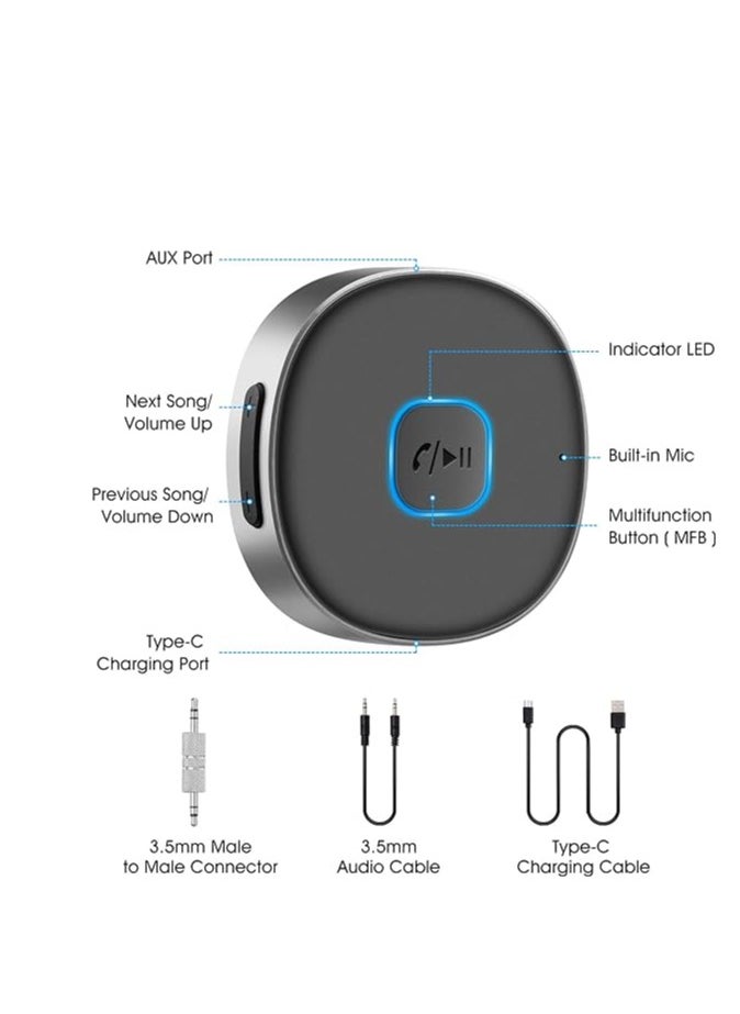 Generic - Bluetooth Aux Receiver for Car, Portable 3.5mm Aux Bluetooth Car Adapter, Wireless Audio Receiver for Car Stereo/Home Stereo/Wired Headphones/Speaker, 16H Battery Life (Black+Silver) - Image 1
