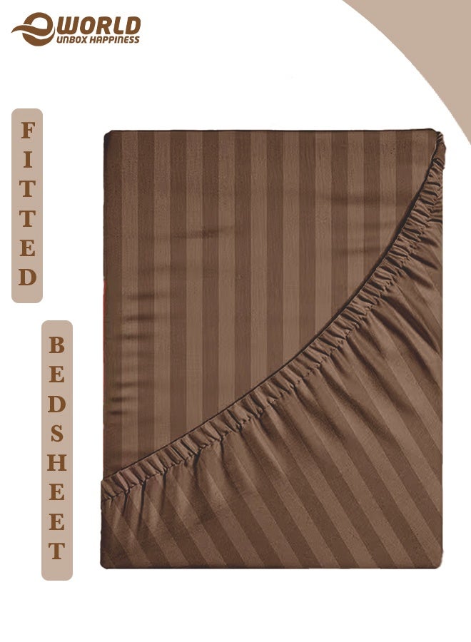 Eworld Brown Striped Microfiber Fitted Bedsheet with Deep Pocket for a Snug Fit, Breathable, Machine Washable for Optimal Protection, Available in King, Queen and Single Sizes, Without Pillow Cover - Image 1