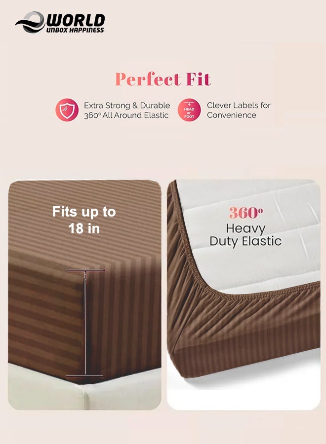 Eworld Brown Striped Microfiber Fitted Bedsheet with Deep Pocket for a Snug Fit, Breathable, Machine Washable for Optimal Protection, Available in King, Queen and Single Sizes, Without Pillow Cover - Image 2