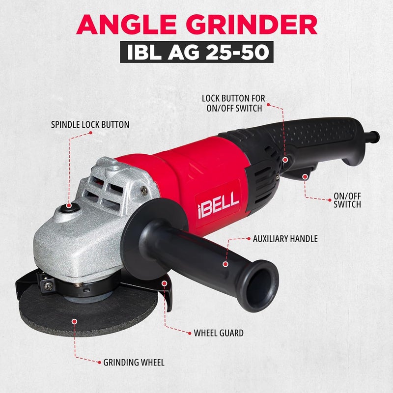iBELL Angle Grinder AG25-50 | 1400W Heavy Duty | Copper Armature | 125mm/5" Disc | 9000 RPM | With Grinding Wheel & Guard | Fixed Speed | Powerful & Durable - Image 3