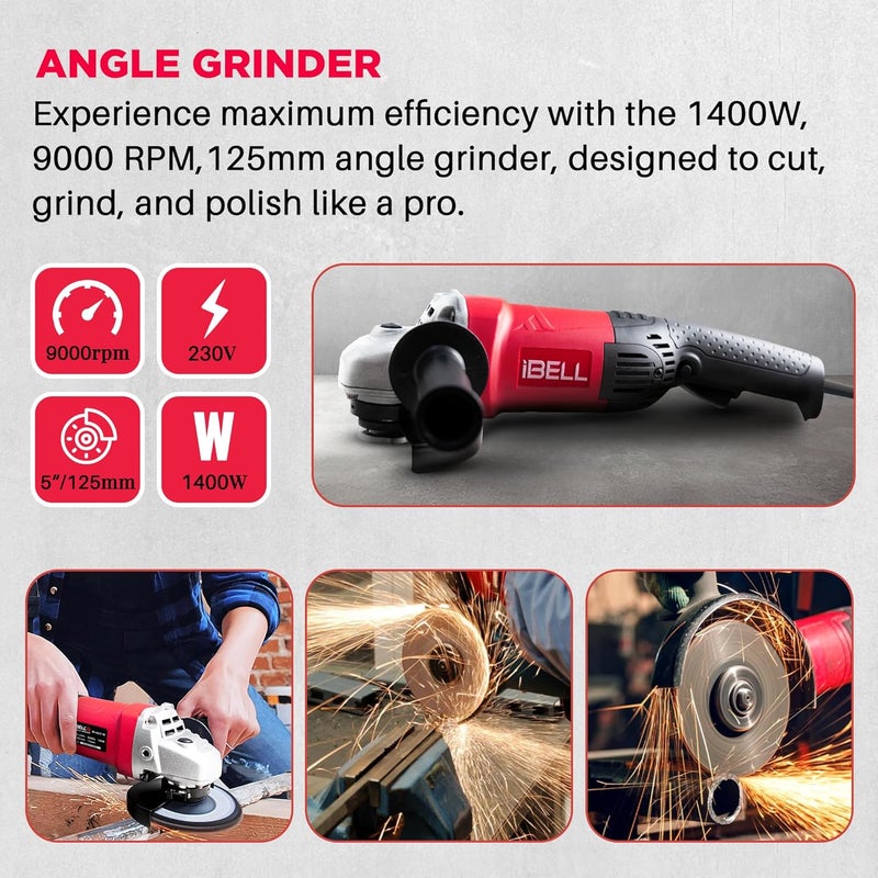 iBELL Angle Grinder AG25-50 | 1400W Heavy Duty | Copper Armature | 125mm/5" Disc | 9000 RPM | With Grinding Wheel & Guard | Fixed Speed | Powerful & Durable - Image 2