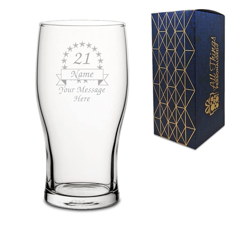 Personalised Engraved Novelty Pint Glass with Ribbon and Stars Birthday Design Gift Boxed Personalise for Any Birthday by Adding a Name and Short Message