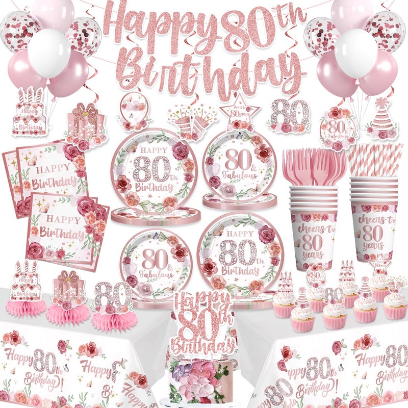 Yingoto 201pcs 80th Birthday Decorations for Women Tableware Set, Rose and Gold 80th Birthday Plates and Napkins,2pcs tablecloth, Pre-Strung Banner for 80 and Fabulous Decorations, 25 Guests - Image 1