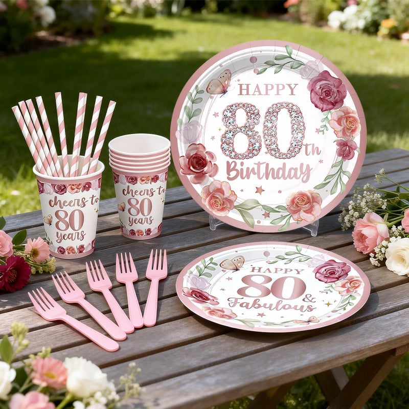Yingoto 201pcs 80th Birthday Decorations for Women Tableware Set, Rose and Gold 80th Birthday Plates and Napkins,2pcs tablecloth, Pre-Strung Banner for 80 and Fabulous Decorations, 25 Guests - Image 5