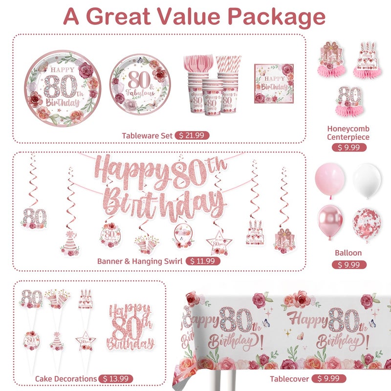 Yingoto 201pcs 80th Birthday Decorations for Women Tableware Set, Rose and Gold 80th Birthday Plates and Napkins,2pcs tablecloth, Pre-Strung Banner for 80 and Fabulous Decorations, 25 Guests - Image 3