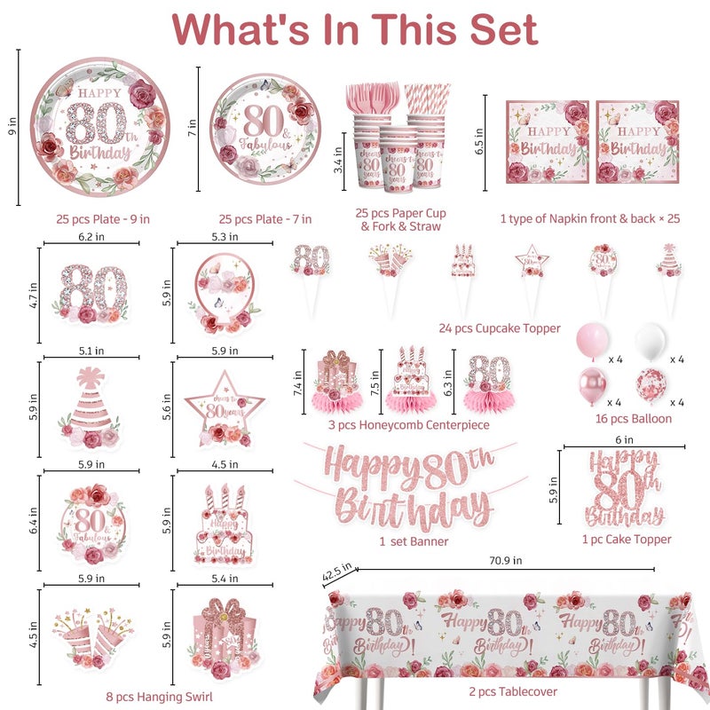 Yingoto 201pcs 80th Birthday Decorations for Women Tableware Set, Rose and Gold 80th Birthday Plates and Napkins,2pcs tablecloth, Pre-Strung Banner for 80 and Fabulous Decorations, 25 Guests - Image 2