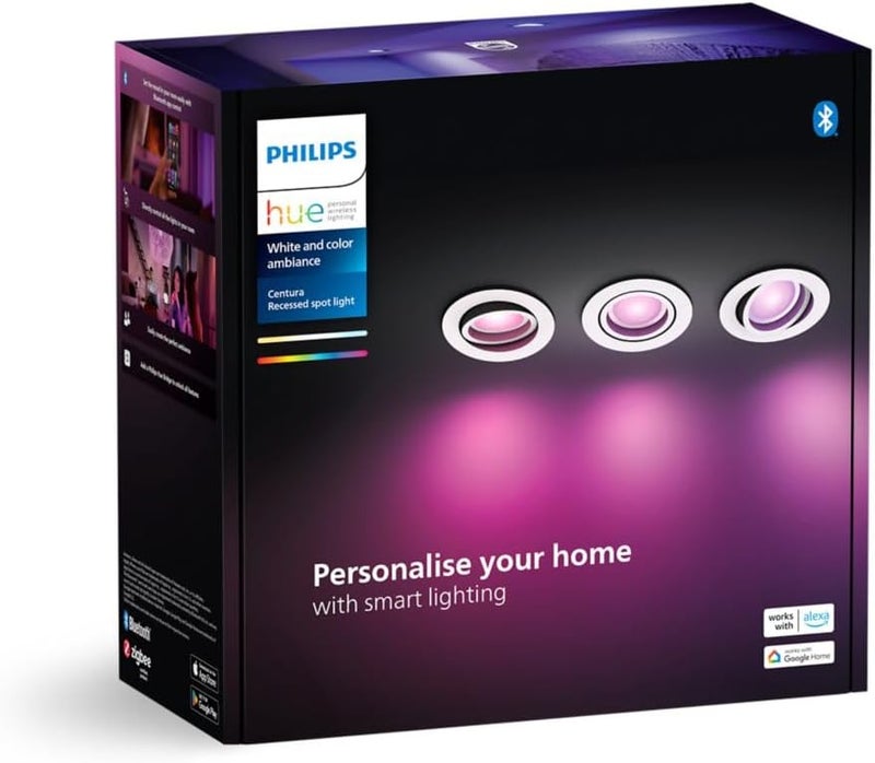 Philips Hue White & Color Ambiance Centura Round Recessed Spotlights, Pack of 3, Dimmable Ceiling Lights with 16 Million Colours, Smart Light Control via Voice and App - Image 4
