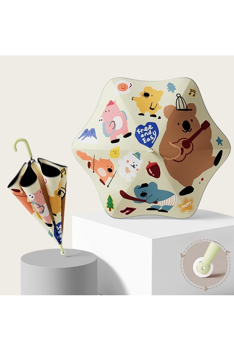 مظلة مطر آمنة بتصميم كرتوني للأولاد والبنات، ذات سطح دوار، شريط عاكس، مقاومة للرياح والأشعة فوق البنفسجية، هدية مدرسية مثالية