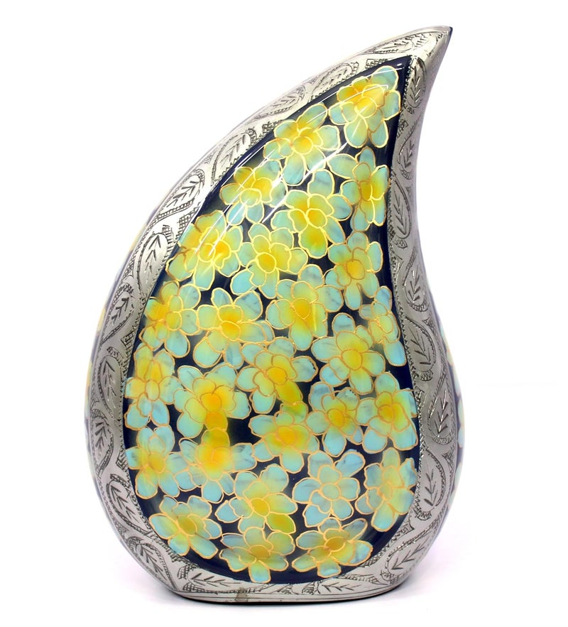 eSplanade Cremation Urn Memorial Human Ashes Container Jar Pot Burial Funeral Urns Teardrop Shape Green Flowers 10 Inches - Image 1