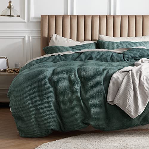 Bedsure Bedsure Cotton Duvet Cover King  100 Cotton Waffle Weave Forest Green Duvet Cover King Size GentleSoft and Breathable Bedding Set for All Season 3 Pieces 104x90 