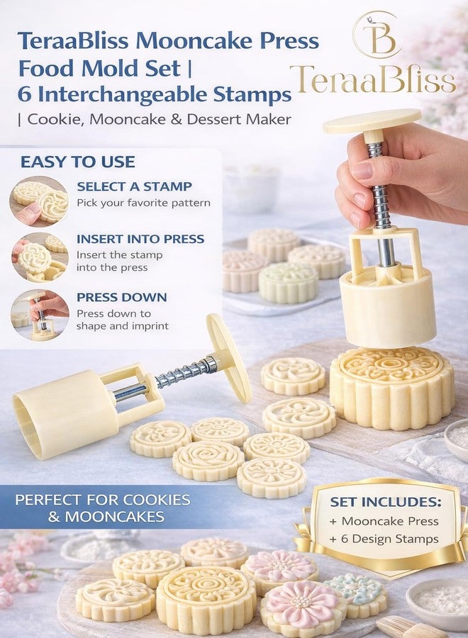 Teraabliss Mooncake Mold Press Set | 50g Flower Pattern Cookie & Pastry Stamp | DIY Bakery Tool for Mooncake, Cookies & Sweets | Food-Grade Plastic (4 Floral Plates) (Cream) - Image 4