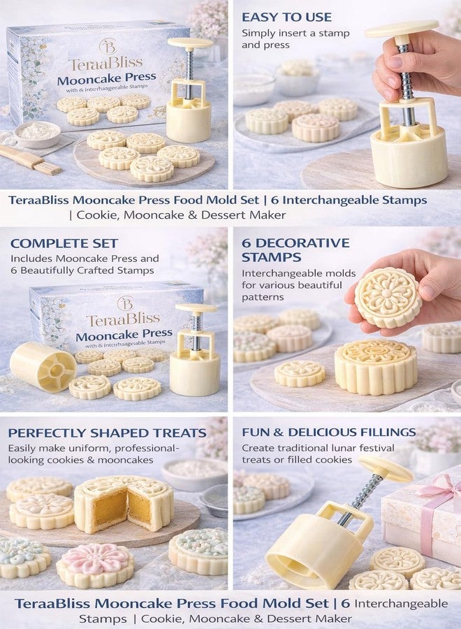Teraabliss Mooncake Mold Press Set | 50g Flower Pattern Cookie & Pastry Stamp | DIY Bakery Tool for Mooncake, Cookies & Sweets | Food-Grade Plastic (4 Floral Plates) (Cream) - Image 5