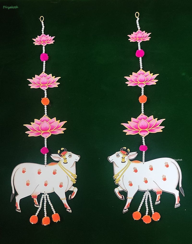 Virushka Virushka Handmade MDF Cow Pichwai with Lotus Cutouts and Pom Poms Backdrop Hangings for Decorations1 PairMDF Floral Wall Hangings for Temple dcor Main Door Entrance 25 Inches