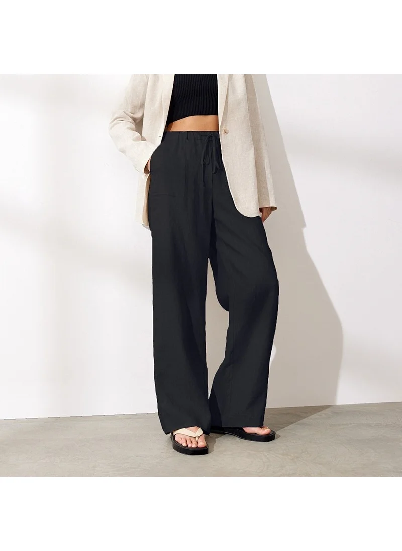 Barbora Linen Casual Trousers with Waist Tie LN14SIYAH5