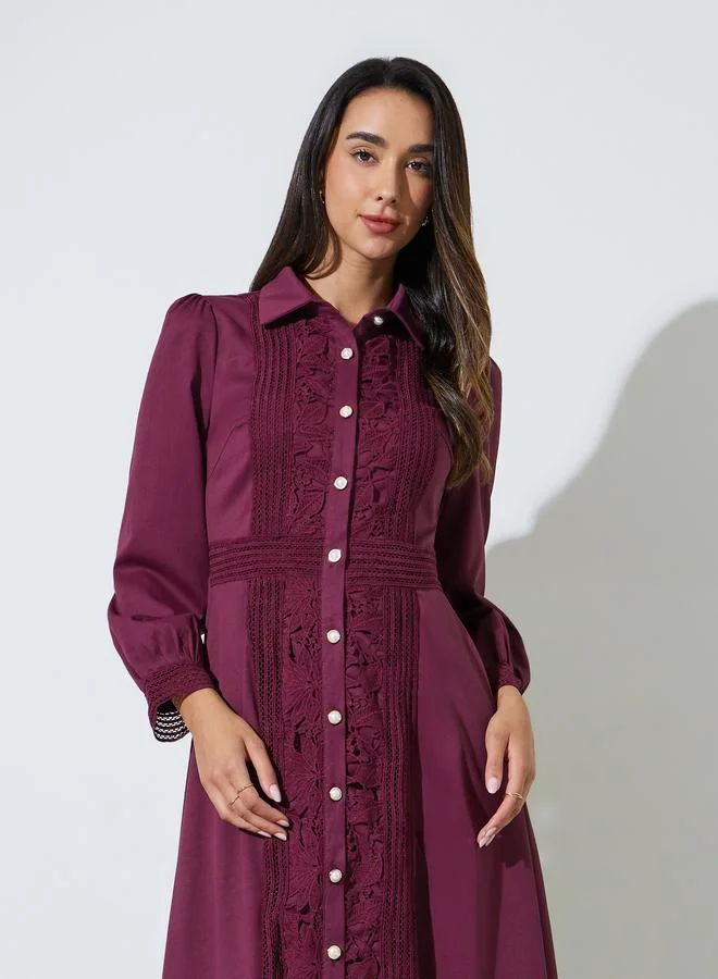ستايلي Burgundy Lace Trim Shirt Maxi Dress
