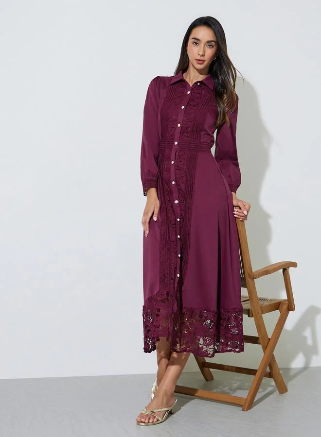 ستايلي Burgundy Lace Trim Shirt Maxi Dress