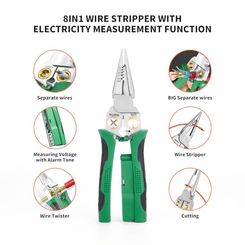 GADO Pro 8-in-1 Wire Crimper Stripper with Voltage Detector & Dual Alarms - Heavy Duty 12-250V AC/DC Tester for Hot/Neutral Wires - Electrician, HVAC, Car Repair Tool (Green) - Image 3