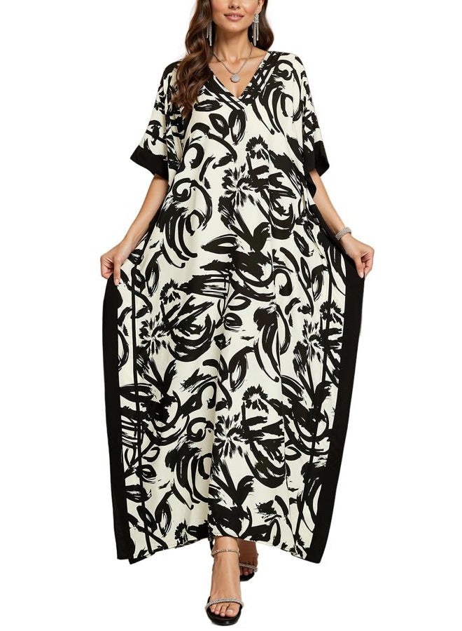 NFVNKJ Plus Size Mumu Dresses for Women - Boho Batwing Sleeve Caftan with Side Slits, Long Moo Moo Nightgown & Beach Cover Up, Black White Abstract, One size - Image 1